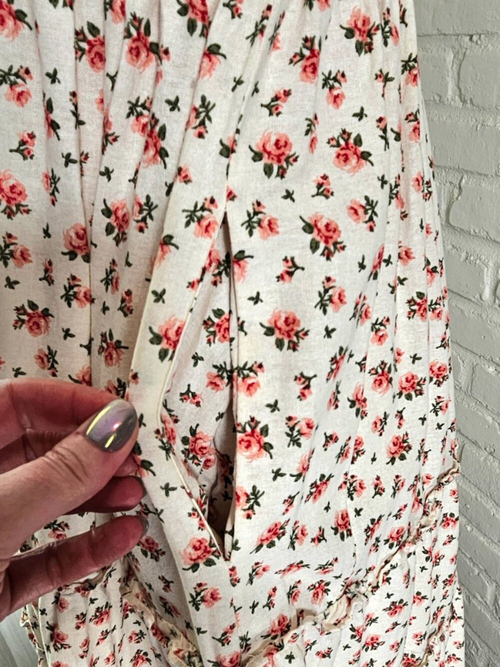 O.P.T. Smocked Floral Midi Dress Pink Ditzy Print Tiered Dress Pockets Size L - Picture 6 of 9